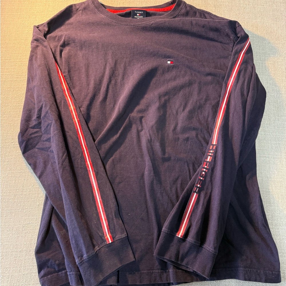 Tommy Hilfiger Navy Long-Sleeve Crew with Red and White Sleeve Stripes